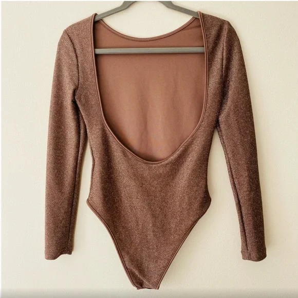 Shein METALLIC bronze STRETCH BODYSUIT open back BLOUSE SHIRT - Picture 3 of 15